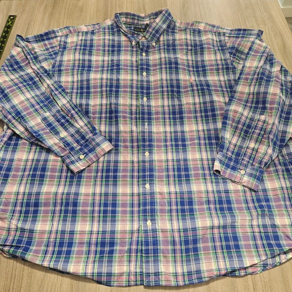 Ralph Lauren Mens 4XB Plaid Button Down Shirt Blue Pink Cotton Stretch Longsleev